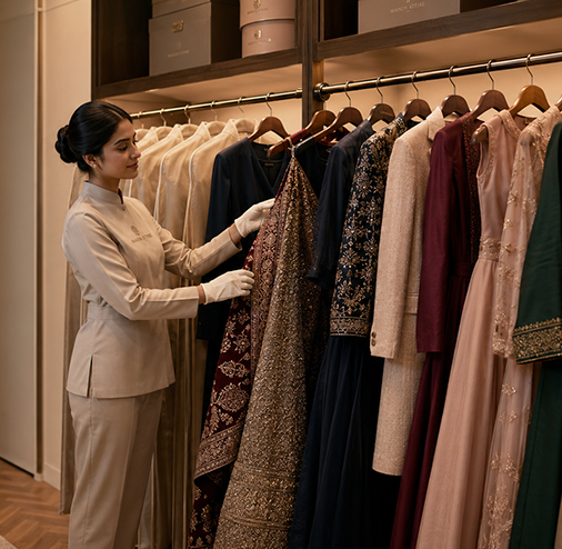 Maison Attire Club concierge attending to garments in climate-controlled storage