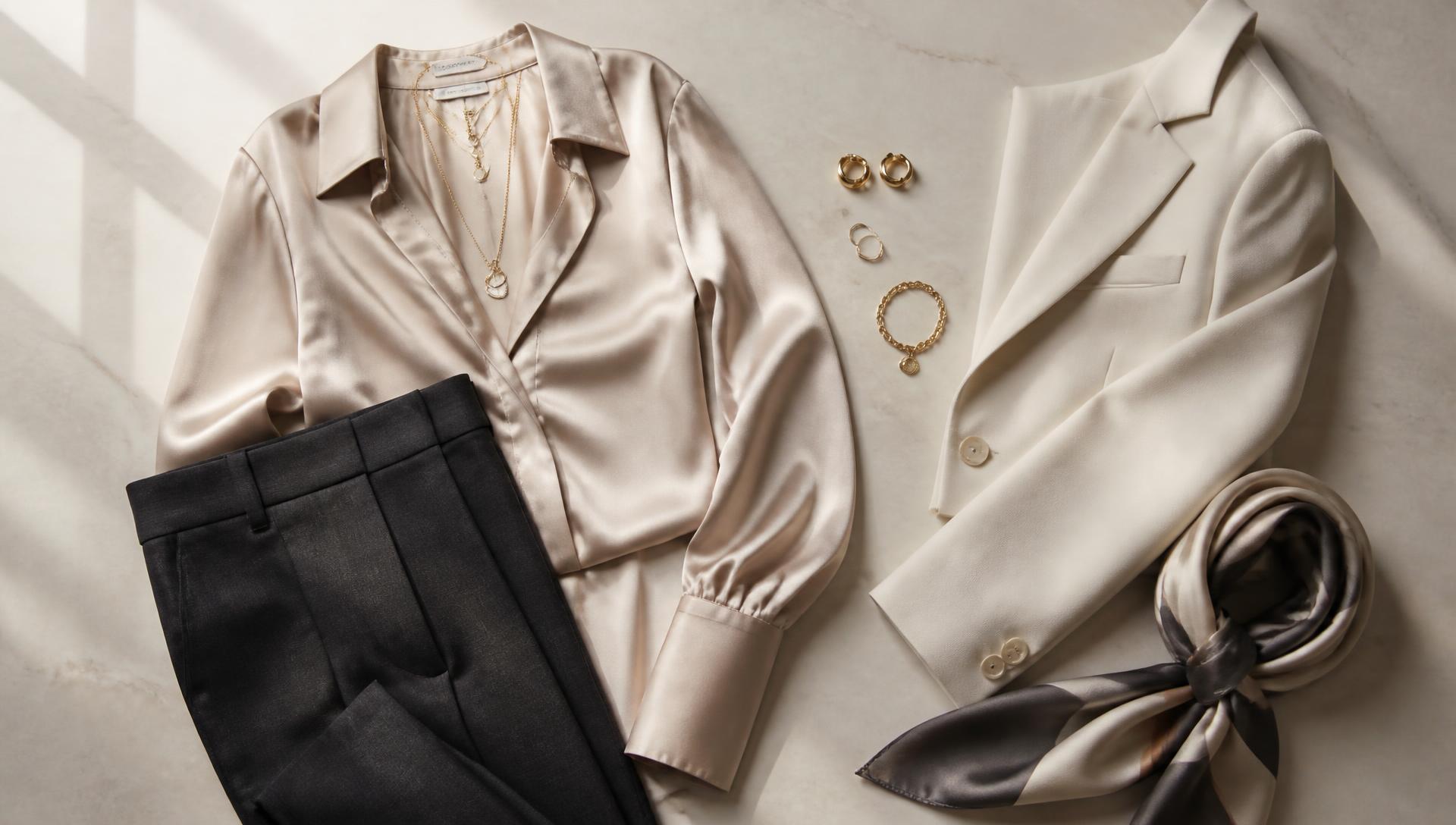 Elegant silk blouse, tailored trousers and gold jewellery arranged as a luxury fashion flatlay
